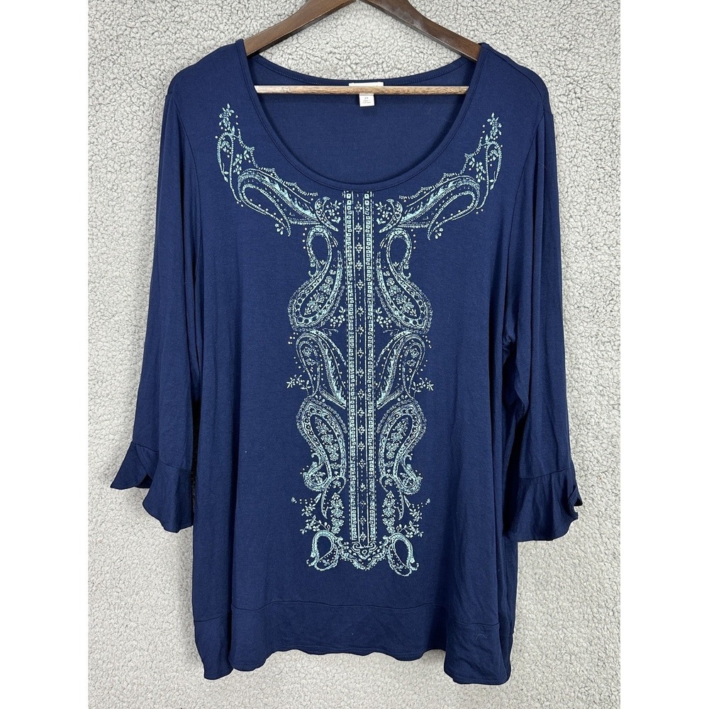 Westport Top Womens 2X Navy Paisley Graphic Ruffle Sleeve Rhinestone Boho Blouse